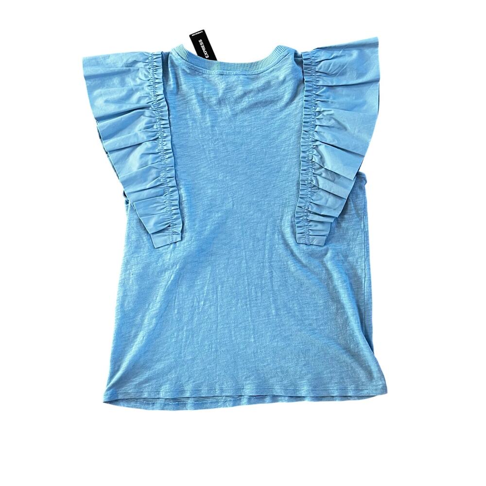 Express Ruffled Blue Flutter Sleeve Slub Knit Top NWT | Women's Medium - Picture 2 of 3